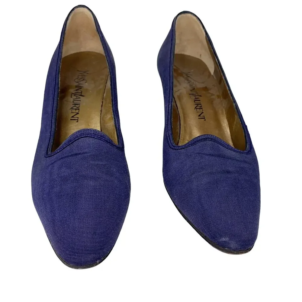 Yves Saint Laurent YSL Vintage Ribbed Navy Silk Pumps 7M Heels 2.25